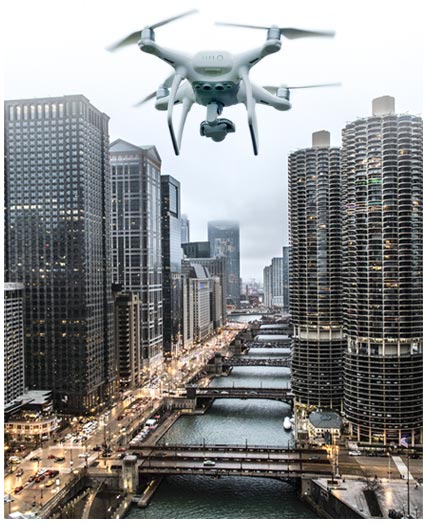 drone flying over city
